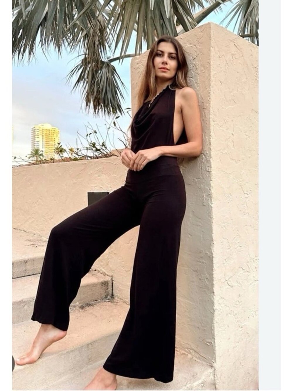 Aria Lattner Black Ruched Scoop Halter Jumpsuit Sleeveless Stretch Size XS